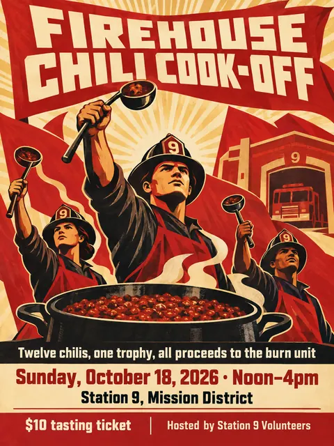 Soviet Propaganda style party flyer for a fictional fundraiser: Firehouse Chili Cook-off