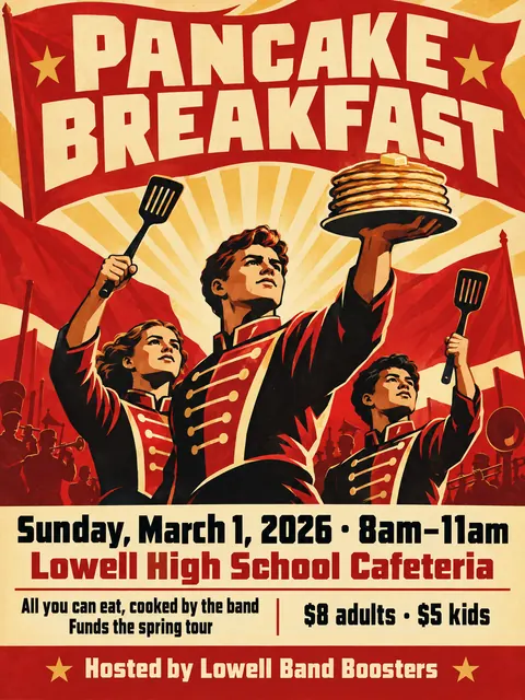 Soviet Propaganda style party flyer for a fictional fundraiser: Pancake Breakfast