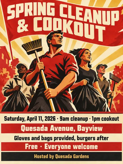 Soviet Propaganda style party flyer for a fictional block: Spring Cleanup & Cookout