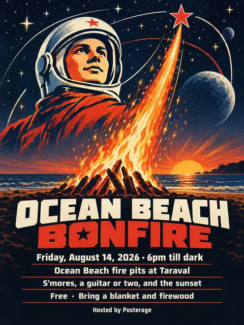 Soviet Space Programme style party flyer for a fictional pool: Ocean Beach Bonfire