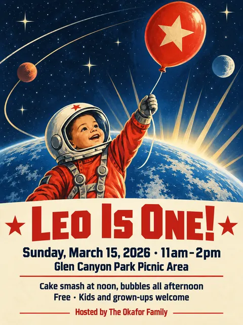 Soviet Space Programme style party flyer for a fictional birthday: Leo Is One!