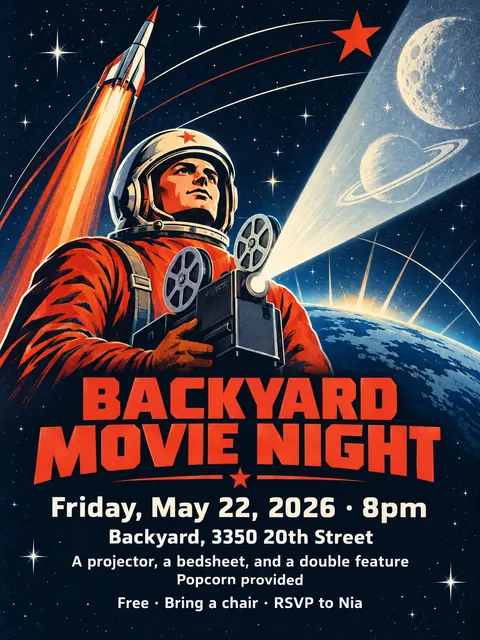 Soviet Space Programme style party flyer for a fictional house: Backyard Movie Night