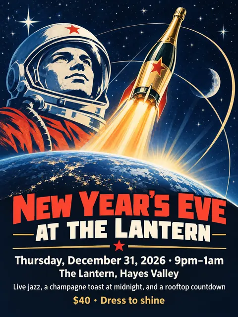 Soviet Space Programme style party flyer for a fictional holiday: New Year's Eve at the Lantern