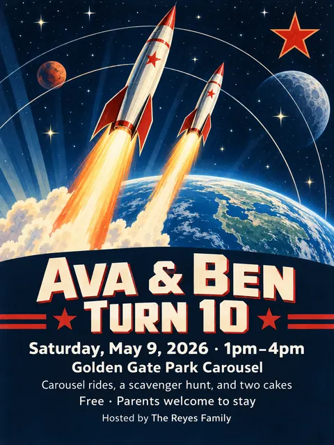 Soviet Space Programme style party flyer for a fictional birthday: Ava & Ben Turn 10
