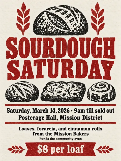 Stamp / Letterpress (Modernised) style party flyer for a fictional bake-sale: Sourdough Saturday