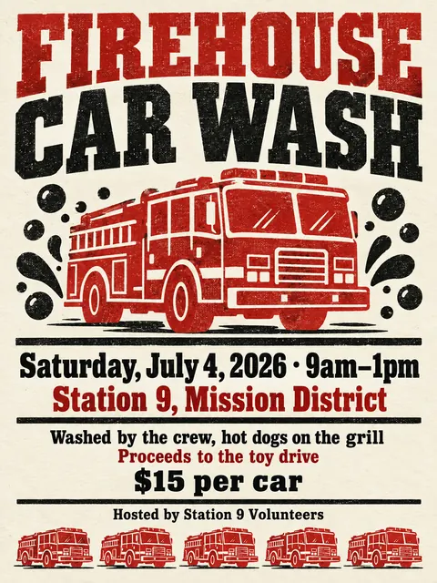 Stamp / Letterpress (Modernised) style party flyer for a fictional car-wash: Firehouse Car Wash