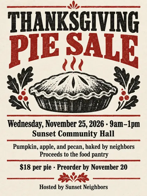 Stamp / Letterpress (Modernised) style party flyer for a fictional bake-sale: Thanksgiving Pie Sale