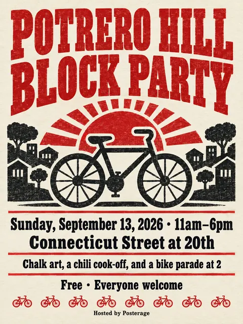 Stamp / Letterpress (Modernised) style party flyer for a fictional block: Potrero Hill Block Party