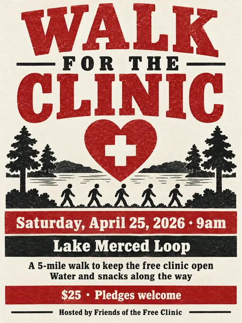 Stamp / Letterpress (Modernised) style party flyer for a fictional fundraiser: Walk for the Clinic