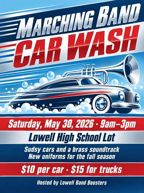 Streamline Moderne style party flyer for a fictional car-wash: Marching Band Car Wash
