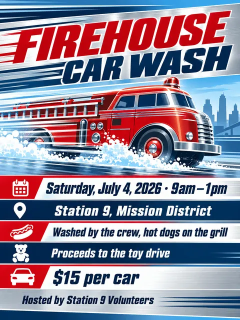 Streamline Moderne style party flyer for a fictional car-wash: Firehouse Car Wash