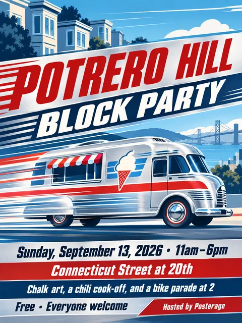 Streamline Moderne style party flyer for a fictional block: Potrero Hill Block Party