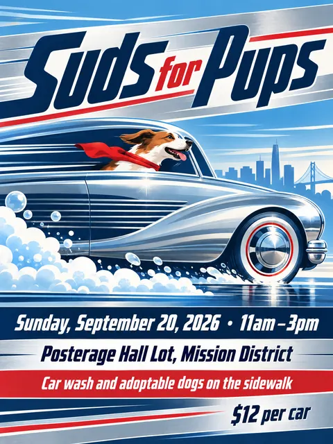 Streamline Moderne style party flyer for a fictional car-wash: Suds for Pups