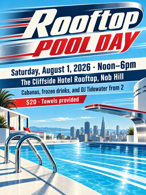 Streamline Moderne style party flyer for a fictional pool: Rooftop Pool Day