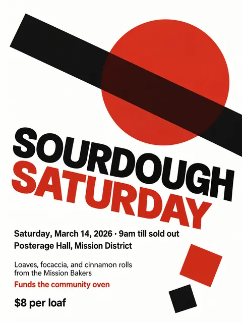 Suprematism style party flyer for a fictional bake-sale: Sourdough Saturday