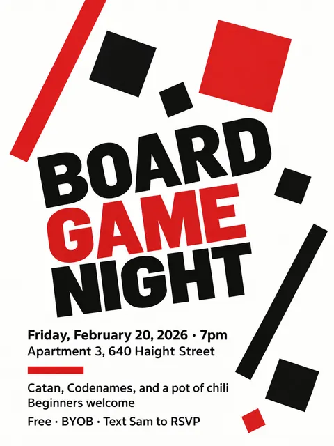 Suprematism style party flyer for a fictional house: Board Game Night