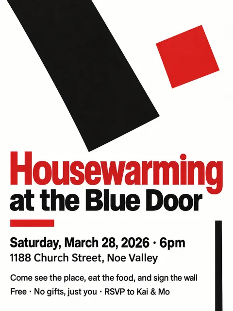 Suprematism style party flyer for a fictional house: Housewarming at the Blue Door