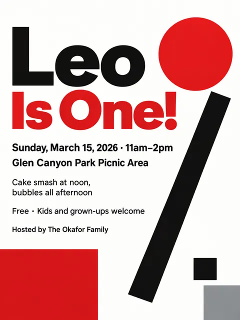 Suprematism style party flyer for a fictional birthday: Leo Is One!