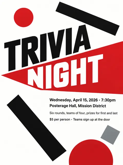 Suprematism style party flyer for a fictional house: Trivia Night