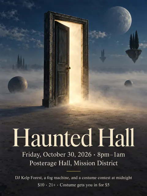 Surrealist style party flyer for a fictional halloween: Haunted Hall