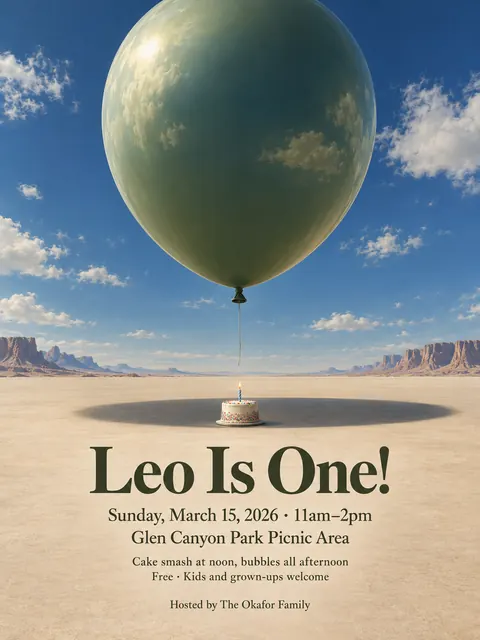 Surrealist style party flyer for a fictional birthday: Leo Is One!