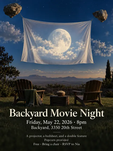 Surrealist style party flyer for a fictional house: Backyard Movie Night