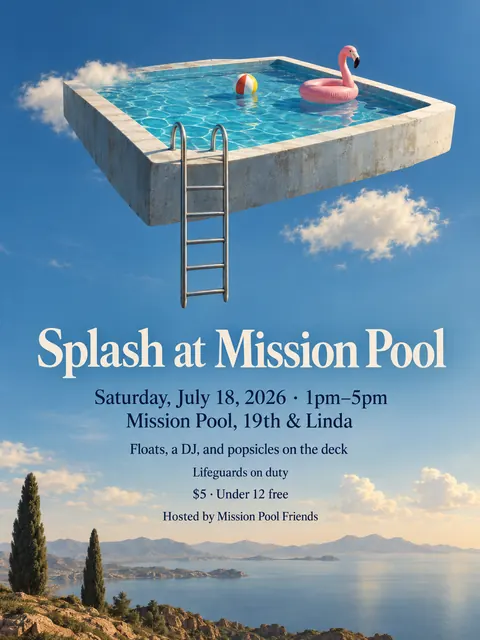 Surrealist style party flyer for a fictional pool: Splash at Mission Pool