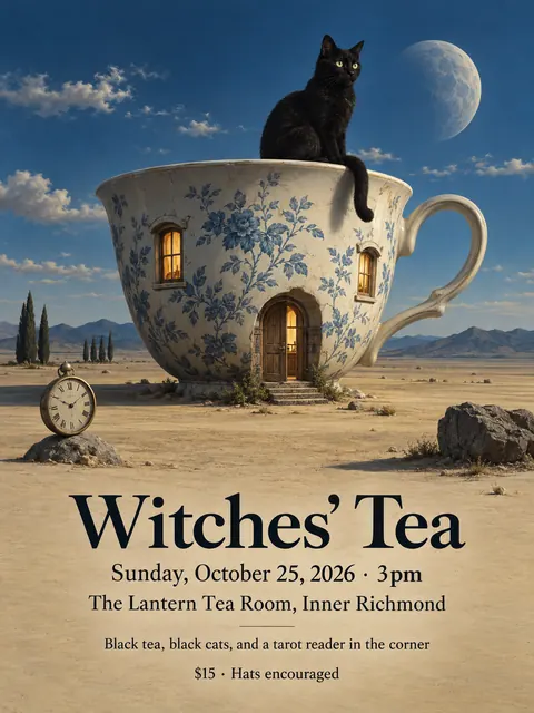 Surrealist style party flyer for a fictional halloween: Witches' Tea