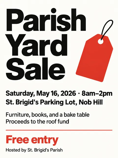 Swiss typography style party flyer for a fictional church: Parish Yard Sale