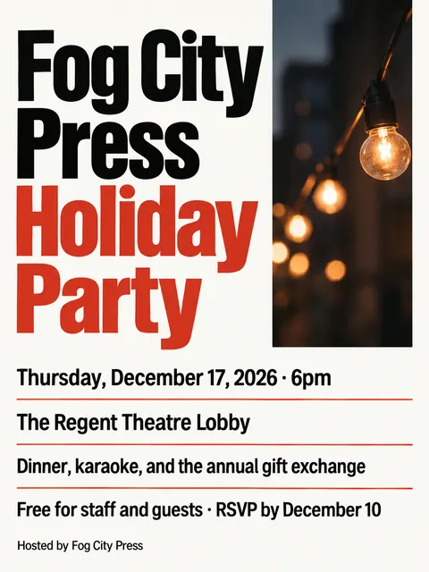 Swiss typography style party flyer for a fictional holiday: Fog City Press Holiday Party