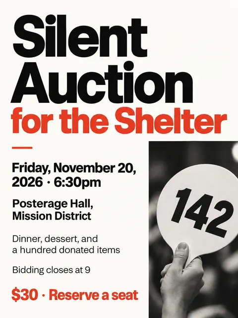 Swiss typography style party flyer for a fictional fundraiser: Silent Auction for the Shelter