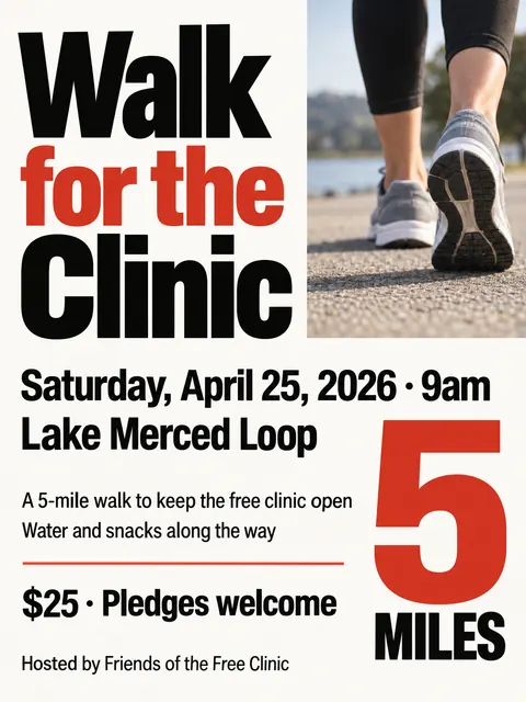 Swiss typography style party flyer for a fictional fundraiser: Walk for the Clinic