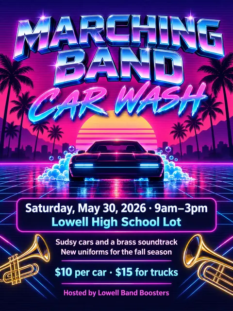 Synthwave / Retrowave style party flyer for a fictional car-wash: Marching Band Car Wash