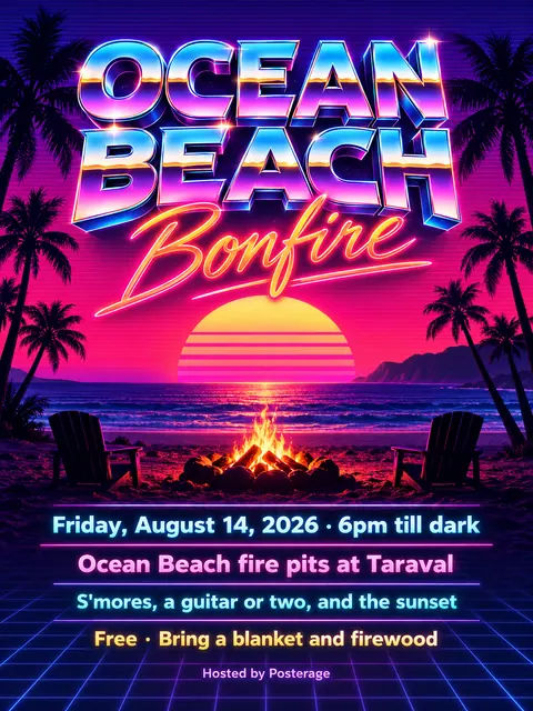 Synthwave / Retrowave style party flyer for a fictional pool: Ocean Beach Bonfire