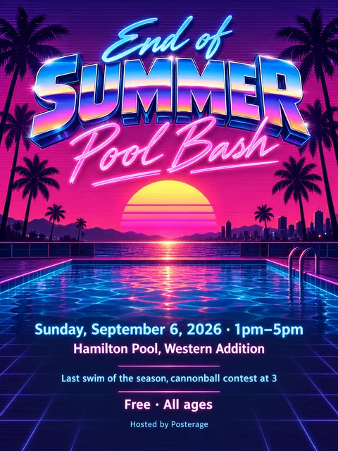Synthwave / Retrowave style party flyer for a fictional pool: End of Summer Pool Bash