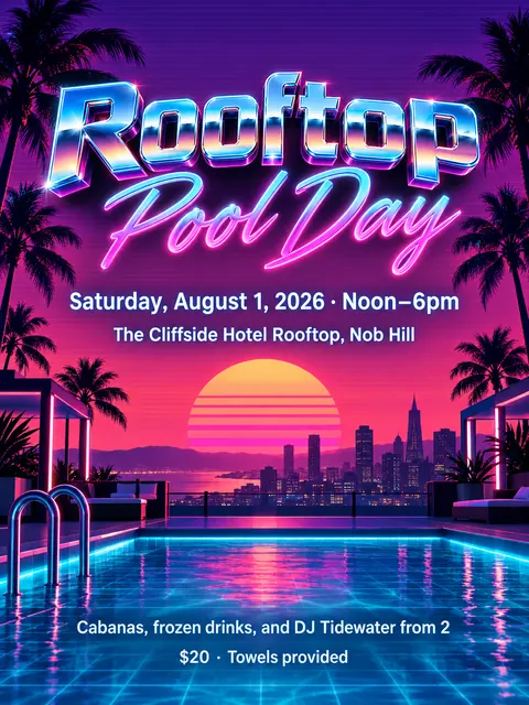 Synthwave / Retrowave style party flyer for a fictional pool: Rooftop Pool Day