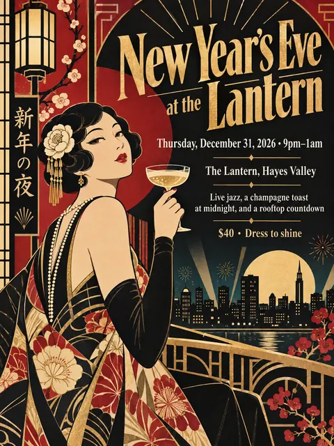 Taisho Modern / Japanese 1920s style party flyer for a fictional holiday: New Year's Eve at the Lantern