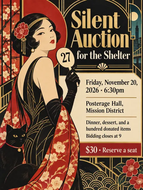 Taisho Modern / Japanese 1920s style party flyer for a fictional fundraiser: Silent Auction for the Shelter