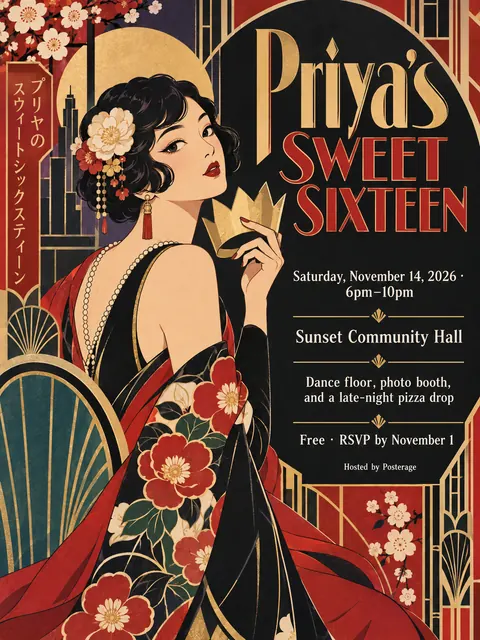 Taisho Modern / Japanese 1920s style party flyer for a fictional birthday: Priya's Sweet Sixteen