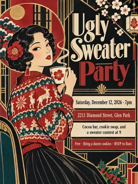 Taisho Modern / Japanese 1920s style party flyer for a fictional holiday: Ugly Sweater Party