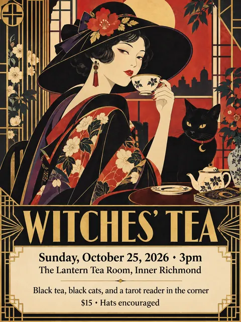 Taisho Modern / Japanese 1920s style party flyer for a fictional halloween: Witches' Tea
