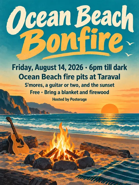 Vintage travel style party flyer for a fictional pool: Ocean Beach Bonfire