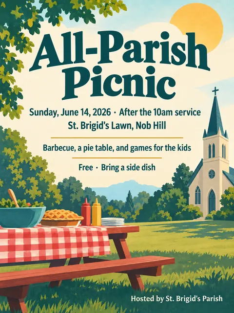 Vintage travel style party flyer for a fictional church: All-Parish Picnic