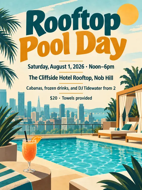 Vintage travel style party flyer for a fictional pool: Rooftop Pool Day