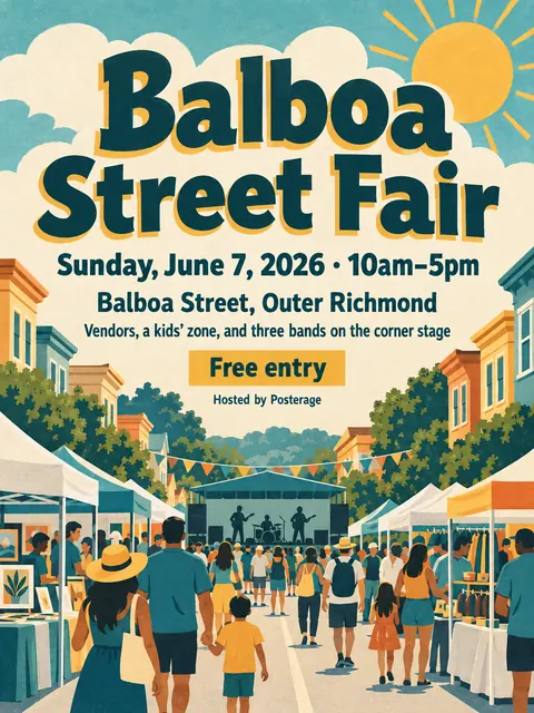 Vintage travel style party flyer for a fictional block: Balboa Street Fair