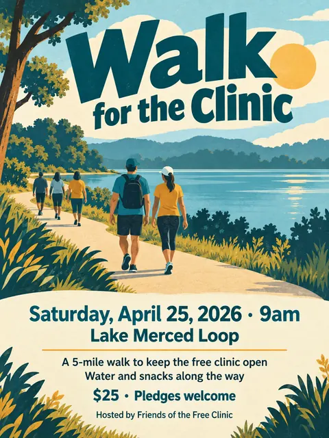Vintage travel style party flyer for a fictional fundraiser: Walk for the Clinic
