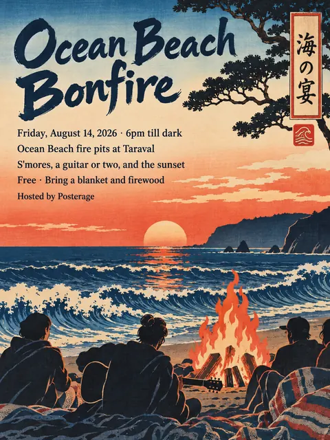 Ukiyo-e / Japanese Woodblock style party flyer for a fictional pool: Ocean Beach Bonfire