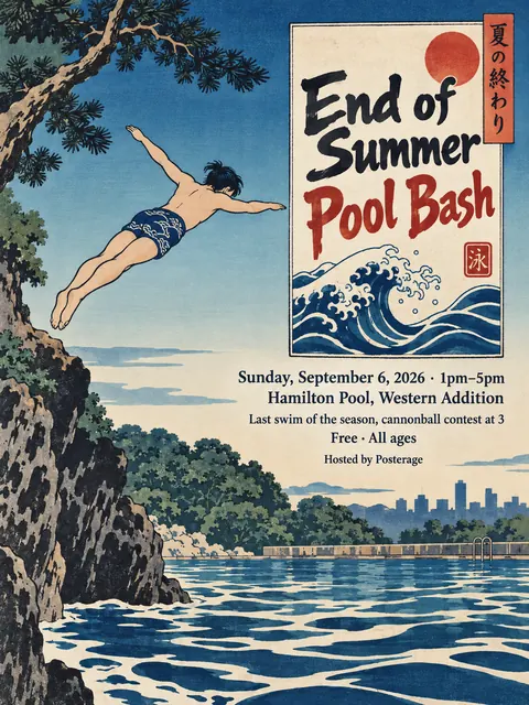 Ukiyo-e / Japanese Woodblock style party flyer for a fictional pool: End of Summer Pool Bash