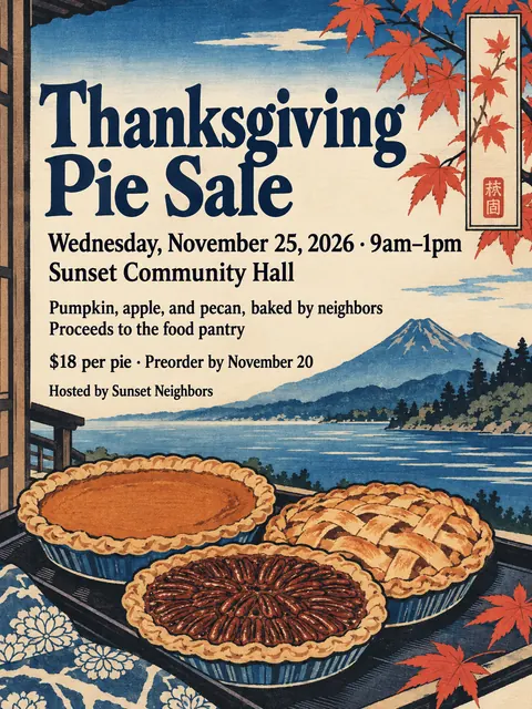 Ukiyo-e / Japanese Woodblock style party flyer for a fictional bake-sale: Thanksgiving Pie Sale