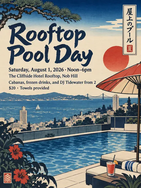 Ukiyo-e / Japanese Woodblock style party flyer for a fictional pool: Rooftop Pool Day